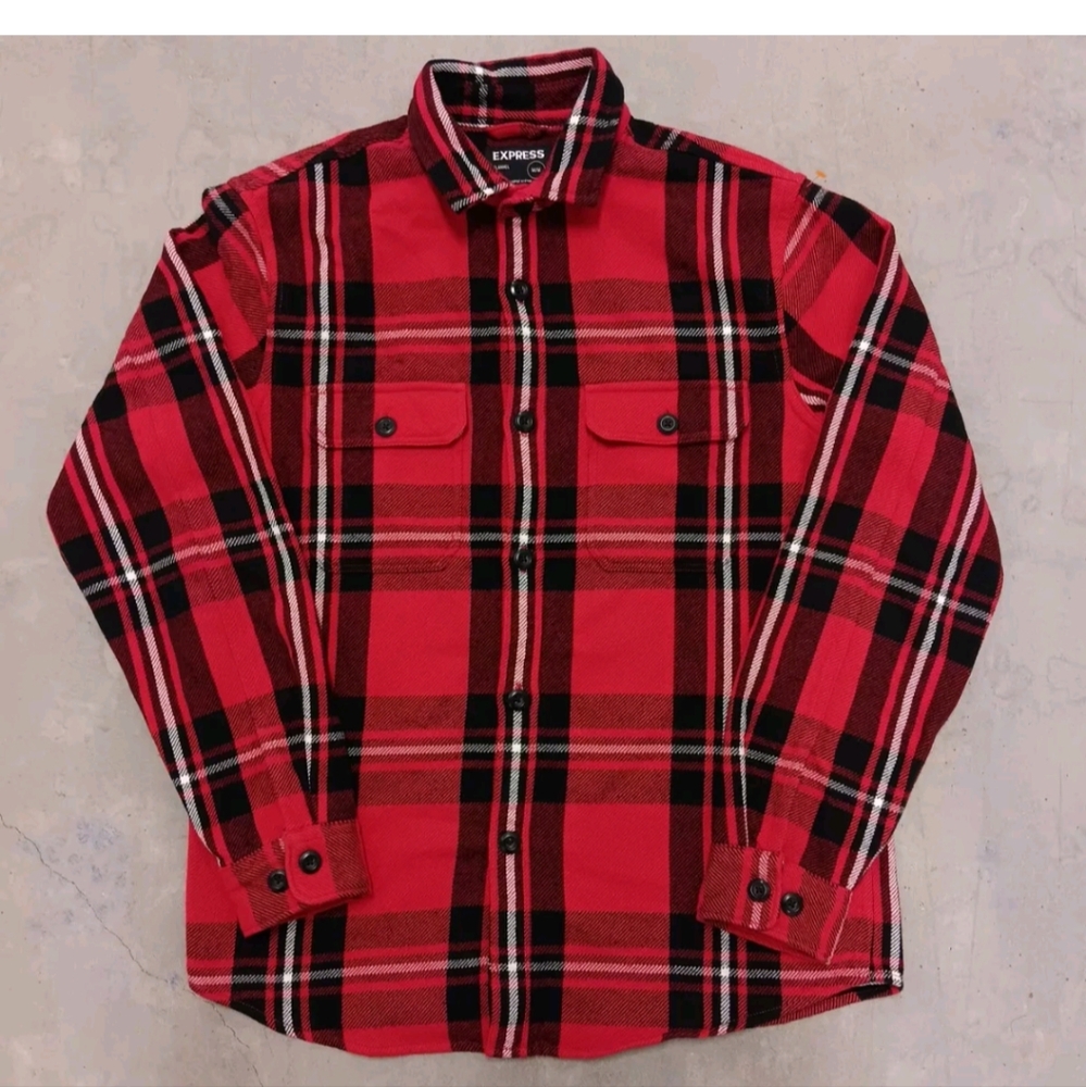 Express Men's Red Black Plaid Tartan LS Button Front Flannel Shirt 2 Pockets M